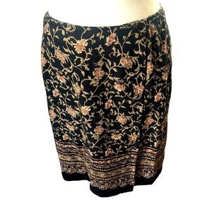 Hunt Club Wrap Skirt Women 8 Black Gold Red Floral Lined Classic Career Rayon